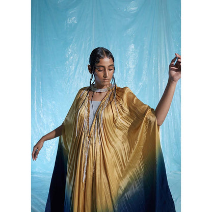 AKHL Yellow Gathered Satin Kaftan Dress with Sequins Collar