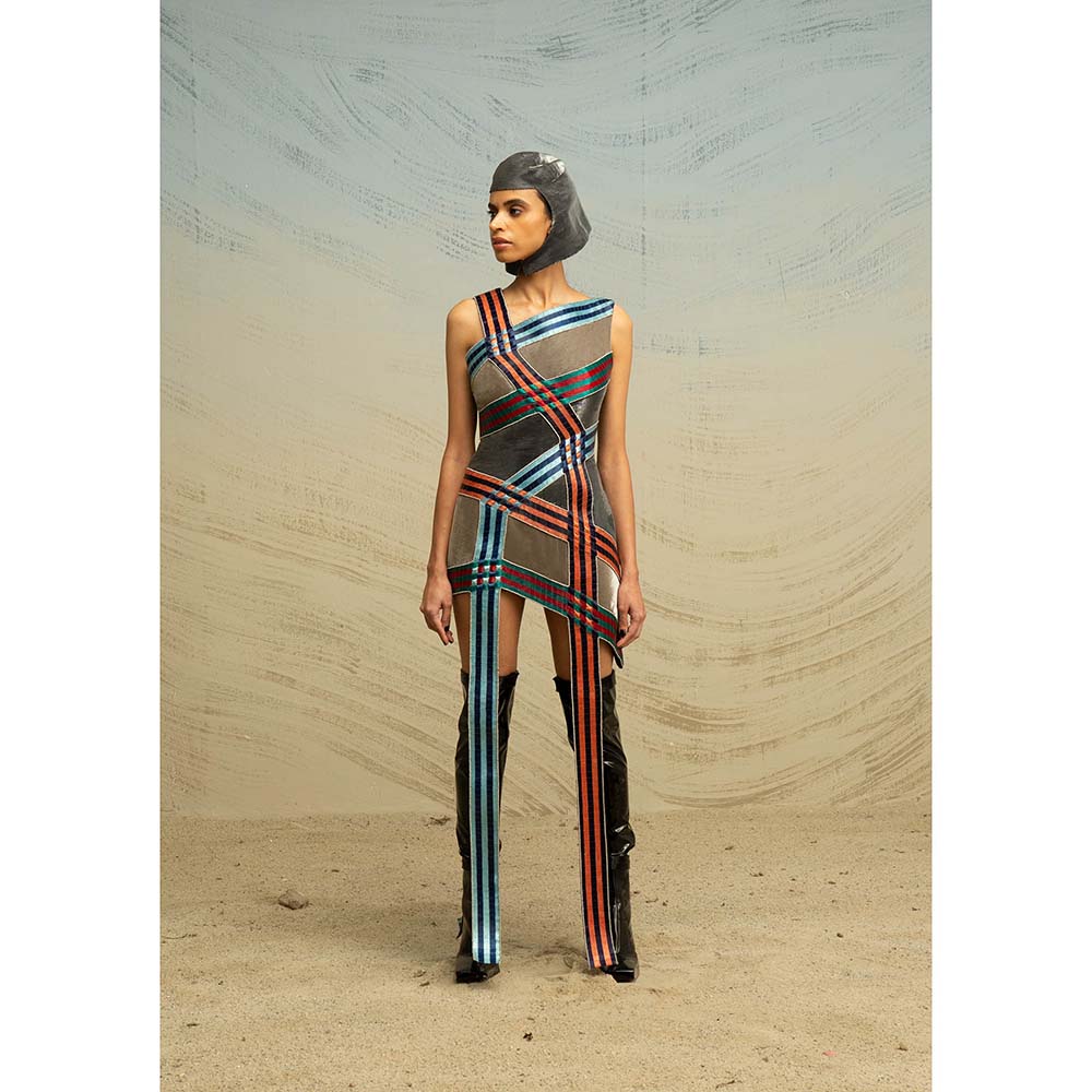 AKHL Multi-Colour Asymmetric Angular Glass Dress