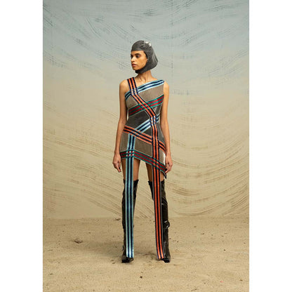 AKHL Multi-Colour Asymmetric Angular Glass Dress