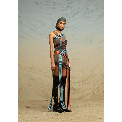 AKHL Multi-Colour Asymmetric Angular Glass Dress