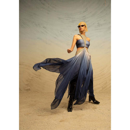 AKHL Blue Gathered Chiffon Dress with Arc Panels