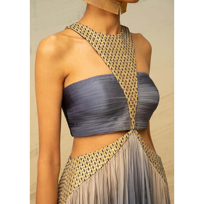 AKHL Blue Gathered Chiffon Dress with Arc Panels