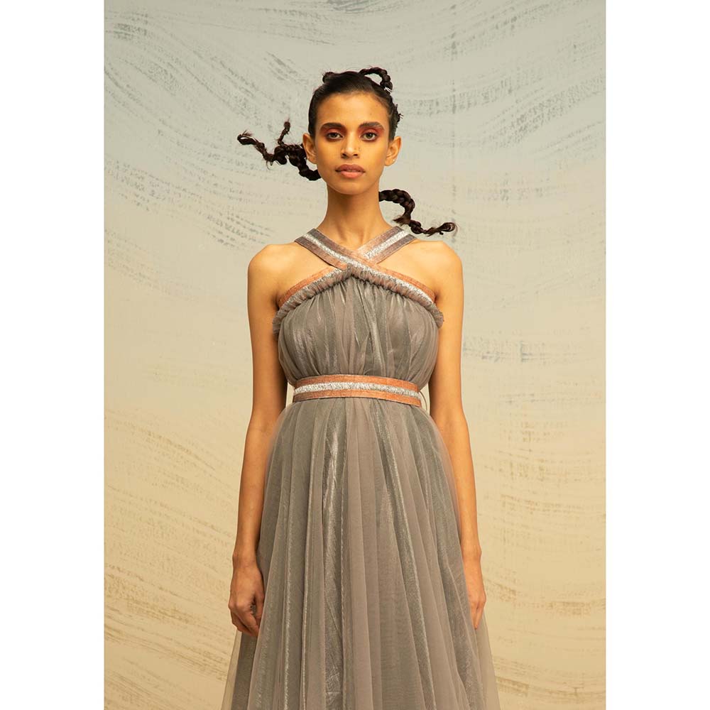 AKHL Grey Tulle and Lurex Midi Dress with Belt (Set of 2)