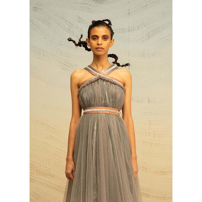 AKHL Grey Tulle and Lurex Midi Dress with Belt (Set of 2)