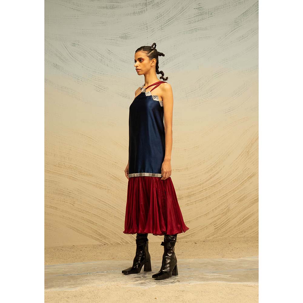 AKHL Navy Blue Satin and Chiffon Midi Dress