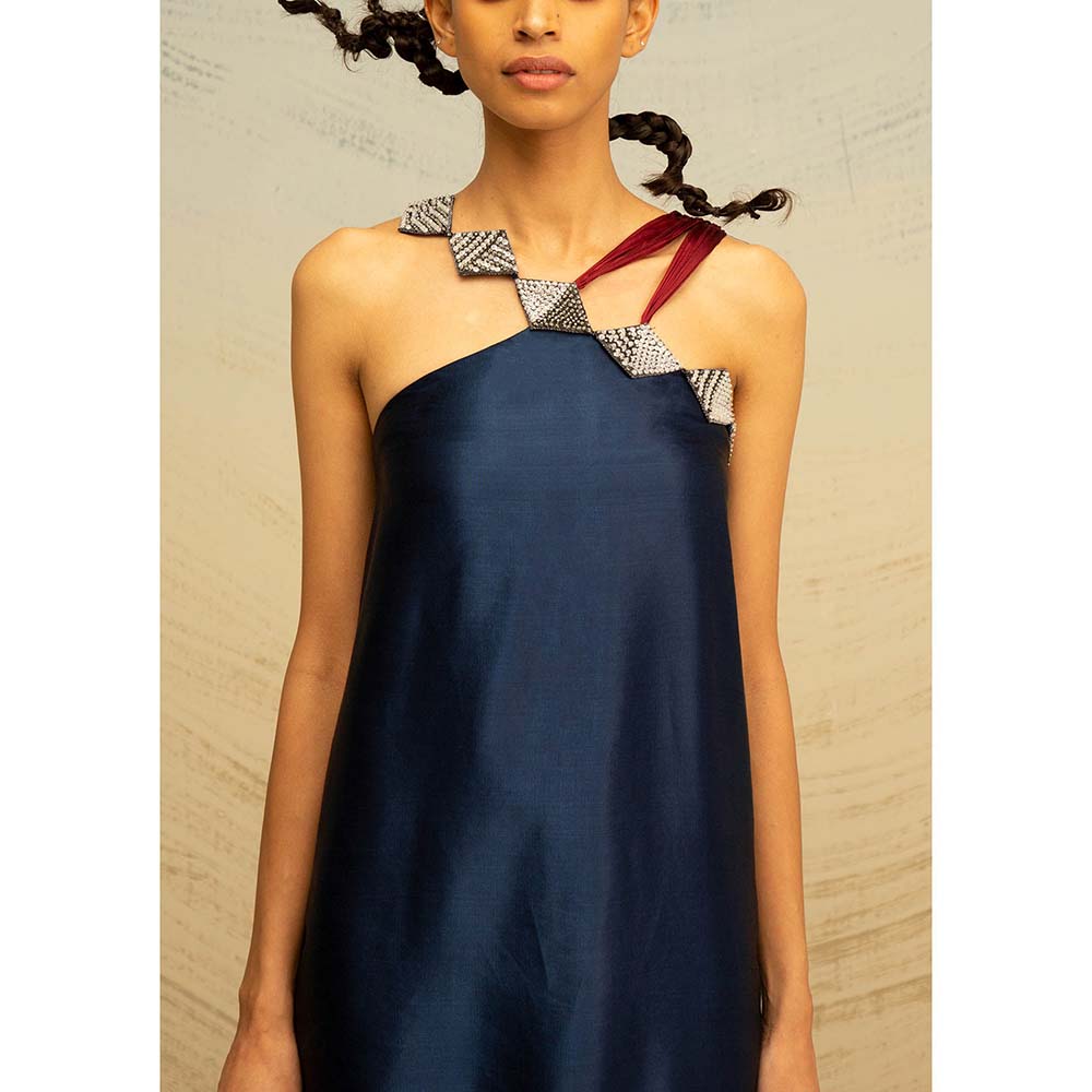 AKHL Navy Blue Satin and Chiffon Midi Dress