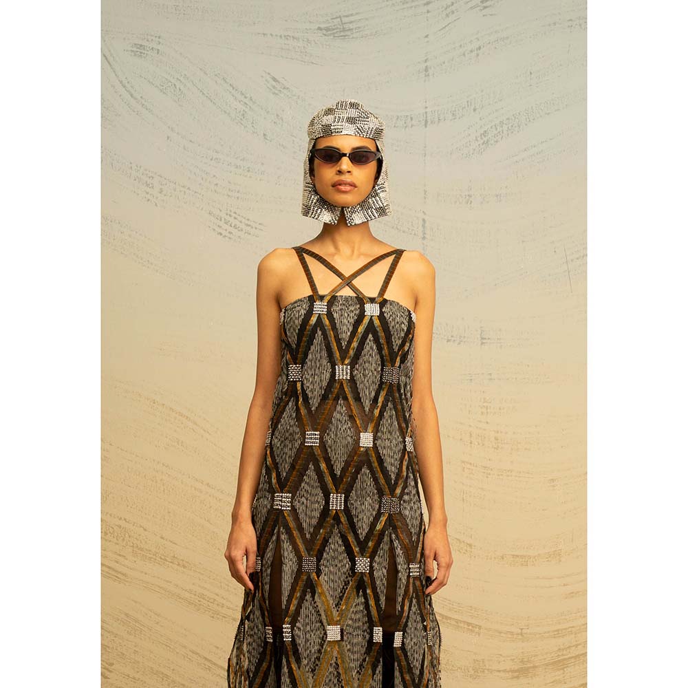 AKHL Grey Honeycomb Sheer Glass-Sequins Dress