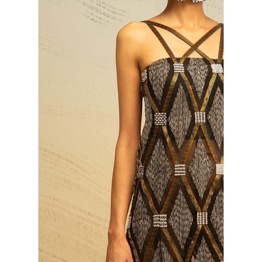 AKHL Grey Honeycomb Sheer Glass-Sequins Dress