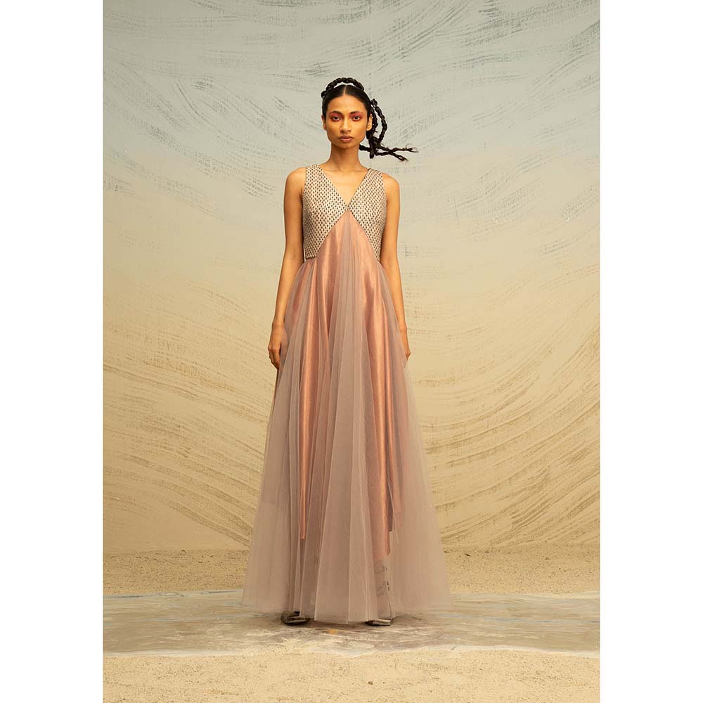 AKHL Rose Gold Angular Silk Raffia and Tulle Dress