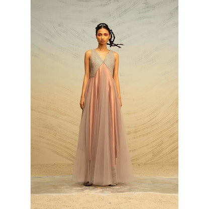 AKHL Rose Gold Angular Silk Raffia and Tulle Dress