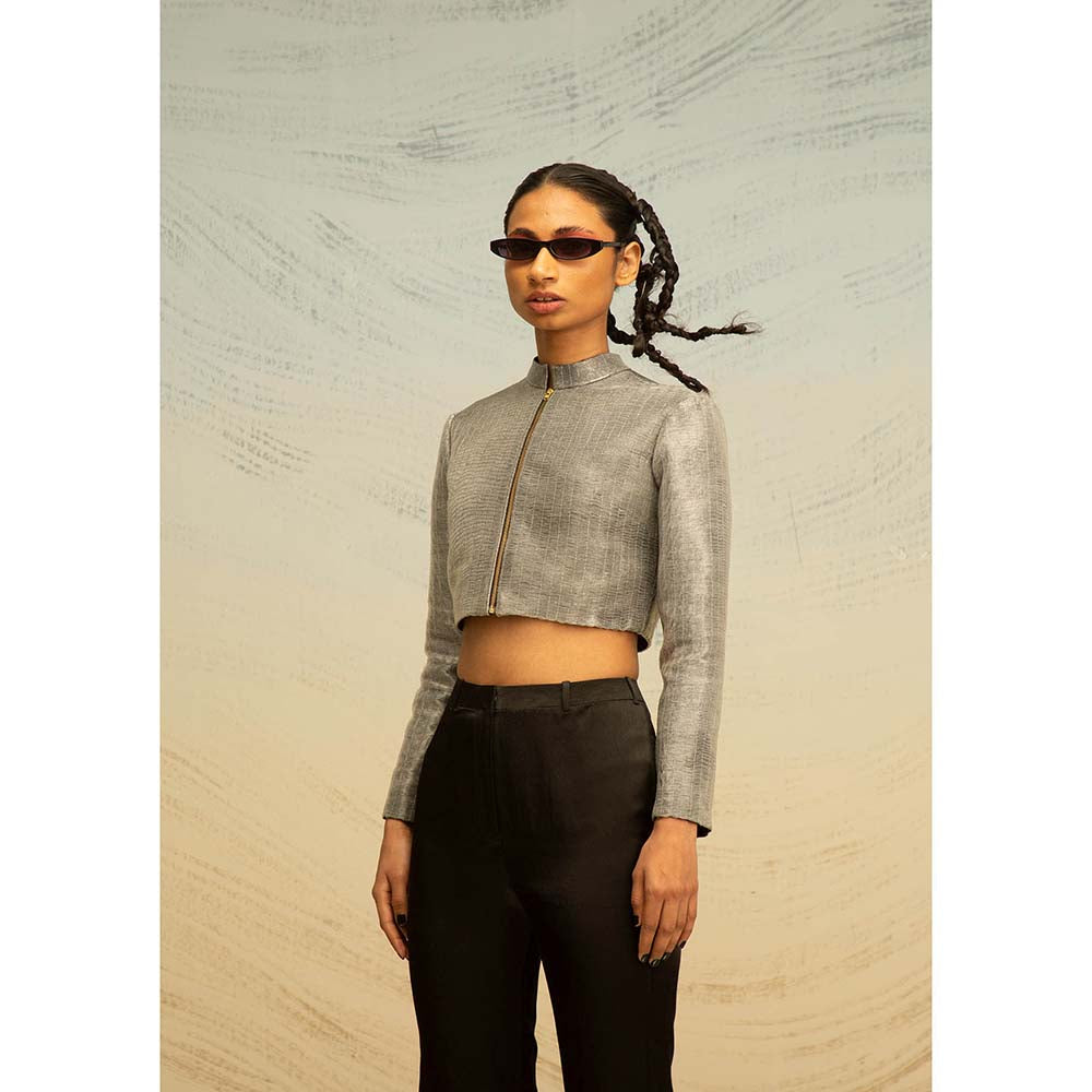 AKHL Silver Tailored Lurex Glass Cropped Jacket