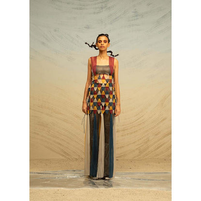 AKHL Multi-Colour Interwoven Bustier with Pant and Overlay (Set of 3)