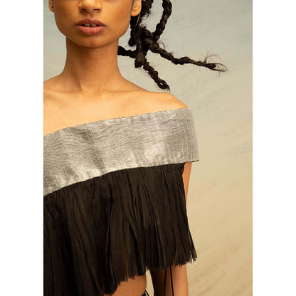 AKHL Black Grecian Crop Top with Organza Fall Drapes