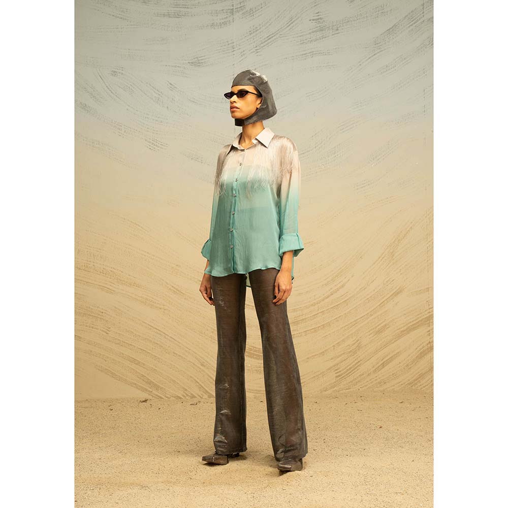 AKHL Turquoise Silk Chiffon Shirt with Glass Fringes