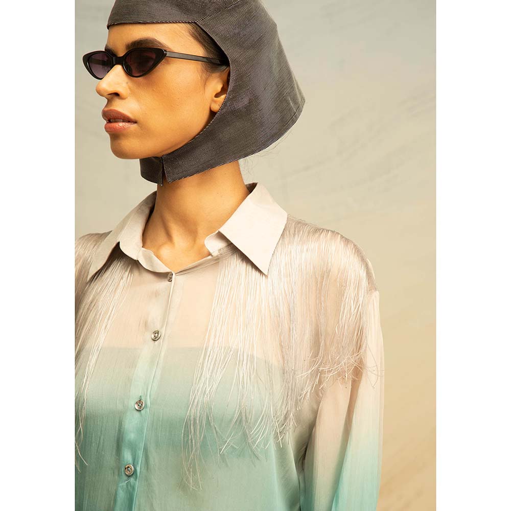 AKHL Turquoise Silk Chiffon Shirt with Glass Fringes