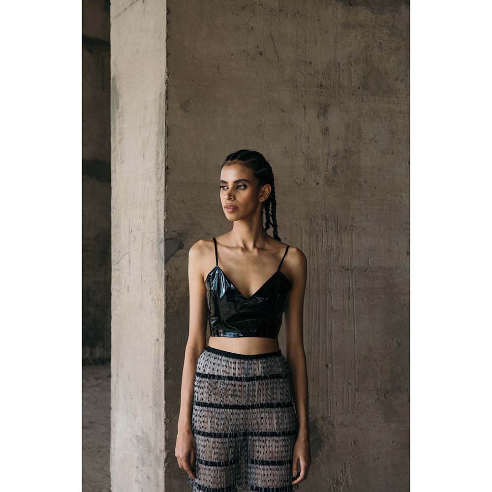 AKHL Black Angular Leather Crop Top