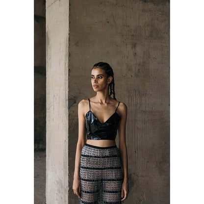 AKHL Black Angular Leather Crop Top