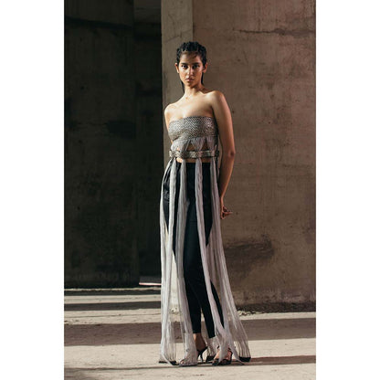 AKHL Grey Grecian Top with Organza Fall Drapes and Attached Belt