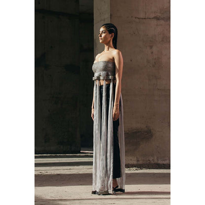 AKHL Grey Grecian Top with Organza Fall Drapes and Attached Belt