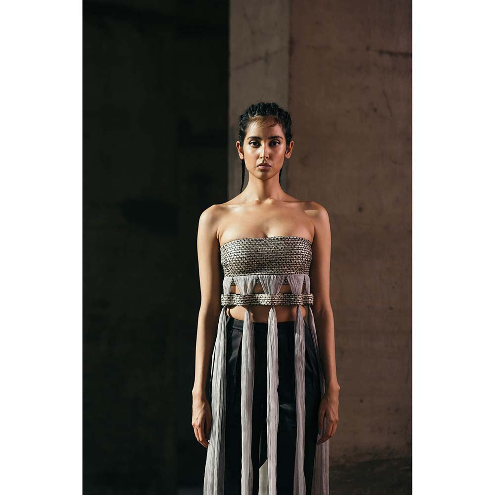 AKHL Grey Grecian Top with Organza Fall Drapes and Attached Belt