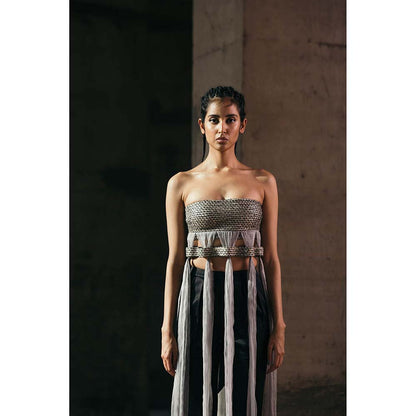 AKHL Grey Grecian Top with Organza Fall Drapes and Attached Belt