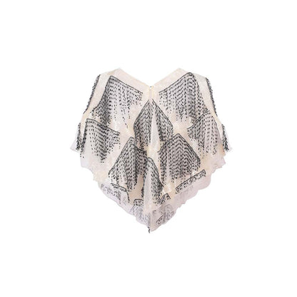 AKHL Ivory Embroidered Glass and Fringes Poncho
