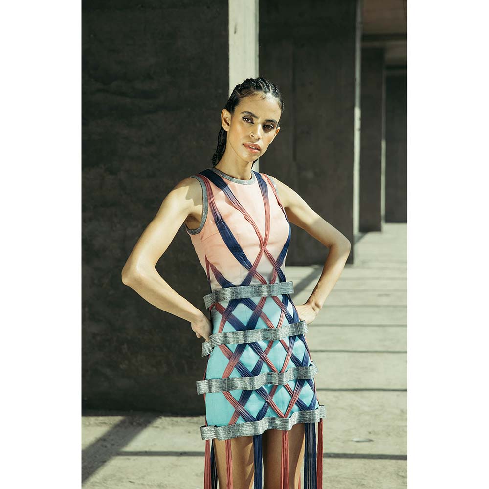 AKHL Multi-Colour Angular Applique Column Dress