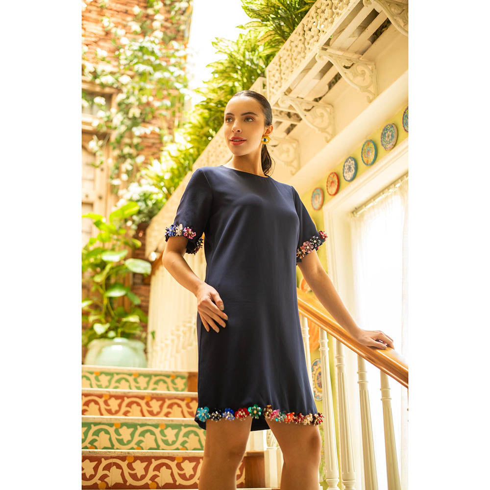 AKSH INDIA Blue Gardenia 3D Flower Embellished Dress