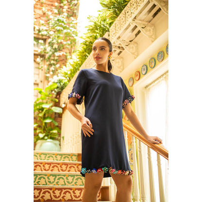 AKSH INDIA Blue Gardenia 3D Flower Embellished Dress