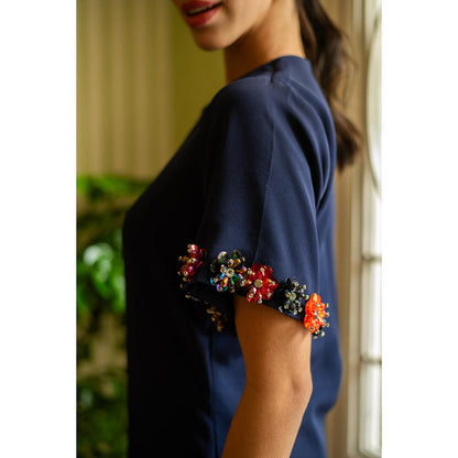 AKSH INDIA Blue Gardenia 3D Flower Embellished Dress