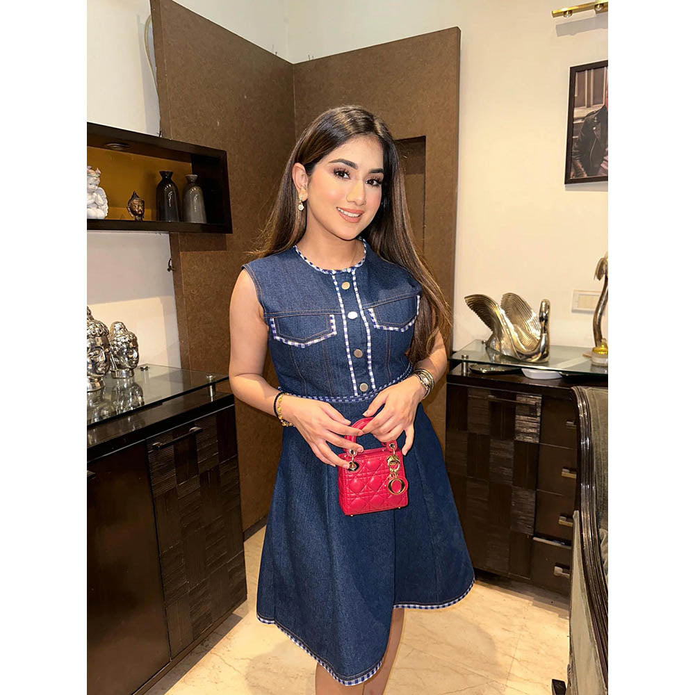 AKSH INDIA Blue Gingham Denim Skater Dress with Belt