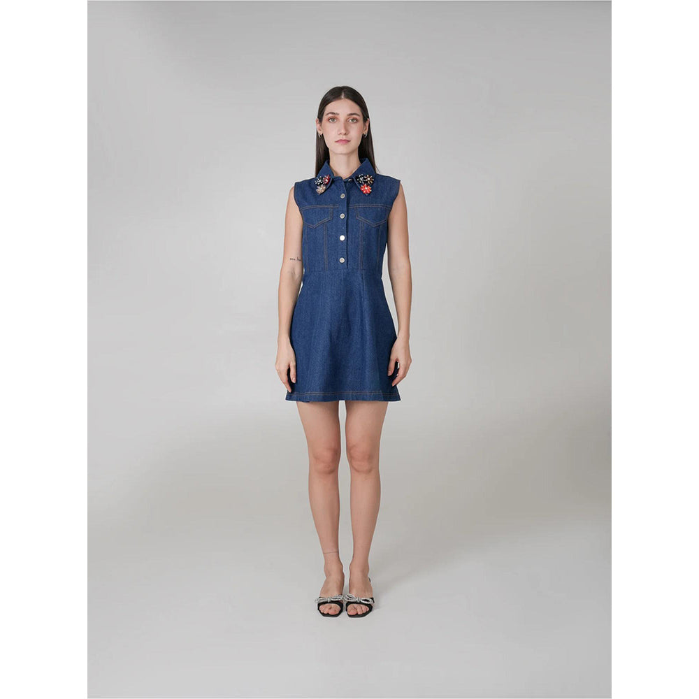 AKSH INDIA Blue Collar Embellished Skater Dress