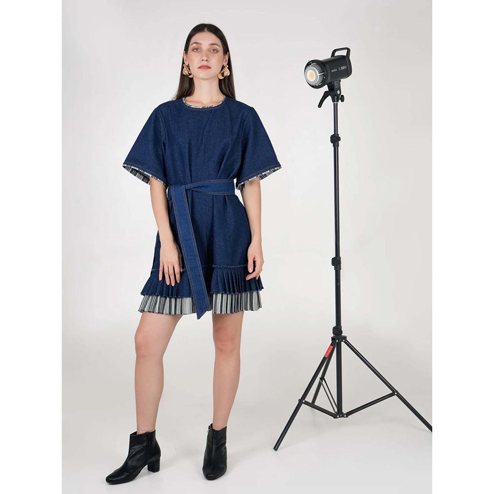 AKSH INDIA Blue Judy Denim Fringe Dress with Belt