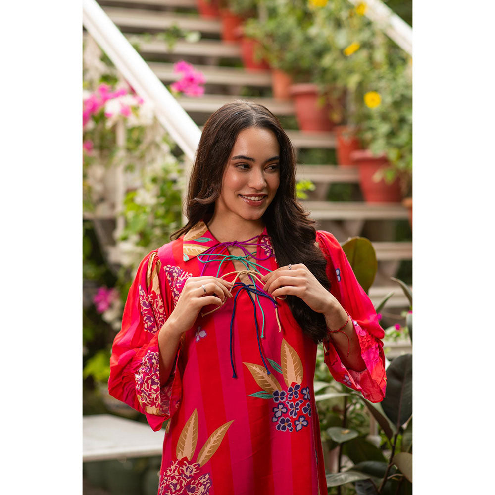 AKSH INDIA Pink Bloom Printed Dress with Bow Tie