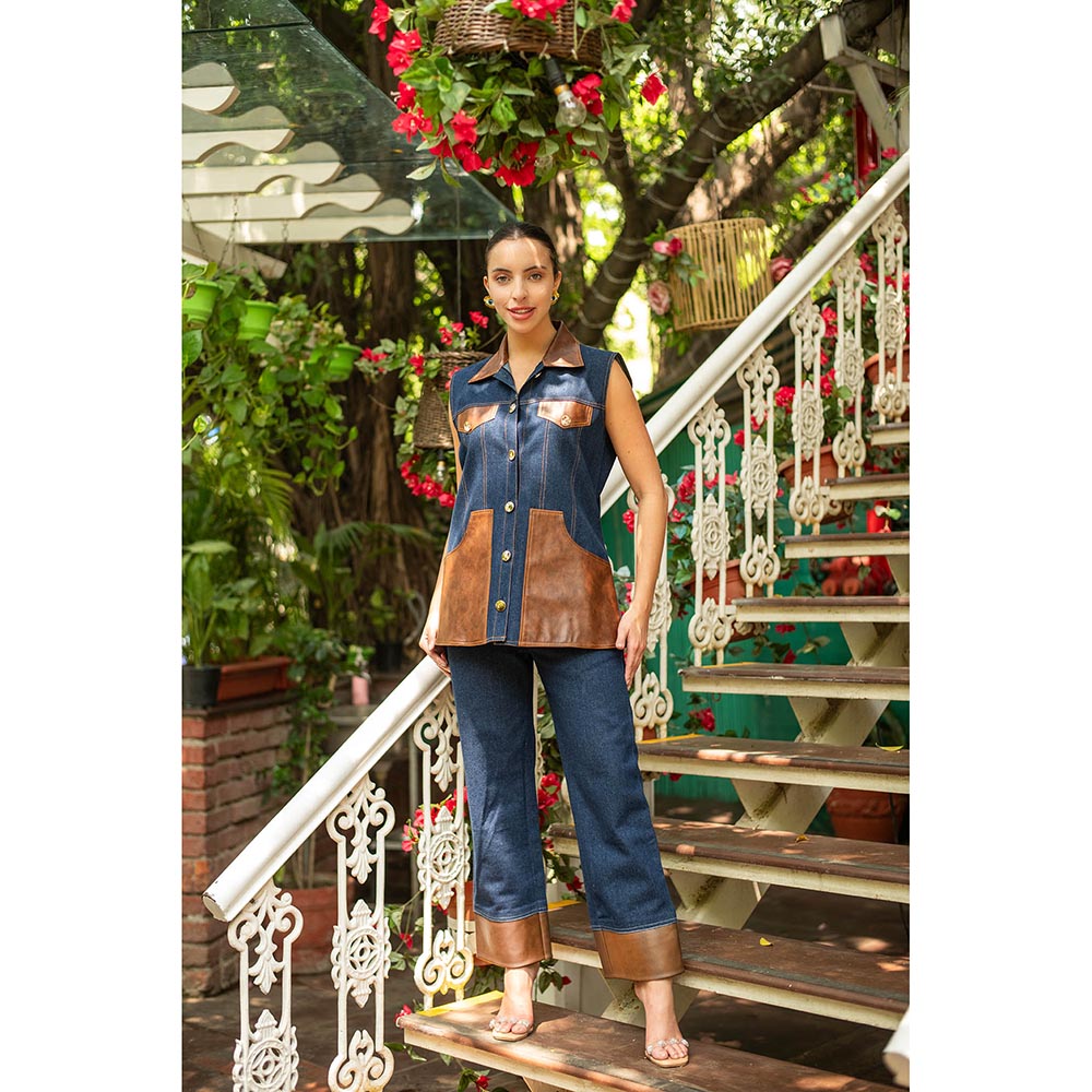 AKSH INDIA Lea Blue Leather Denim Co-Ord Set