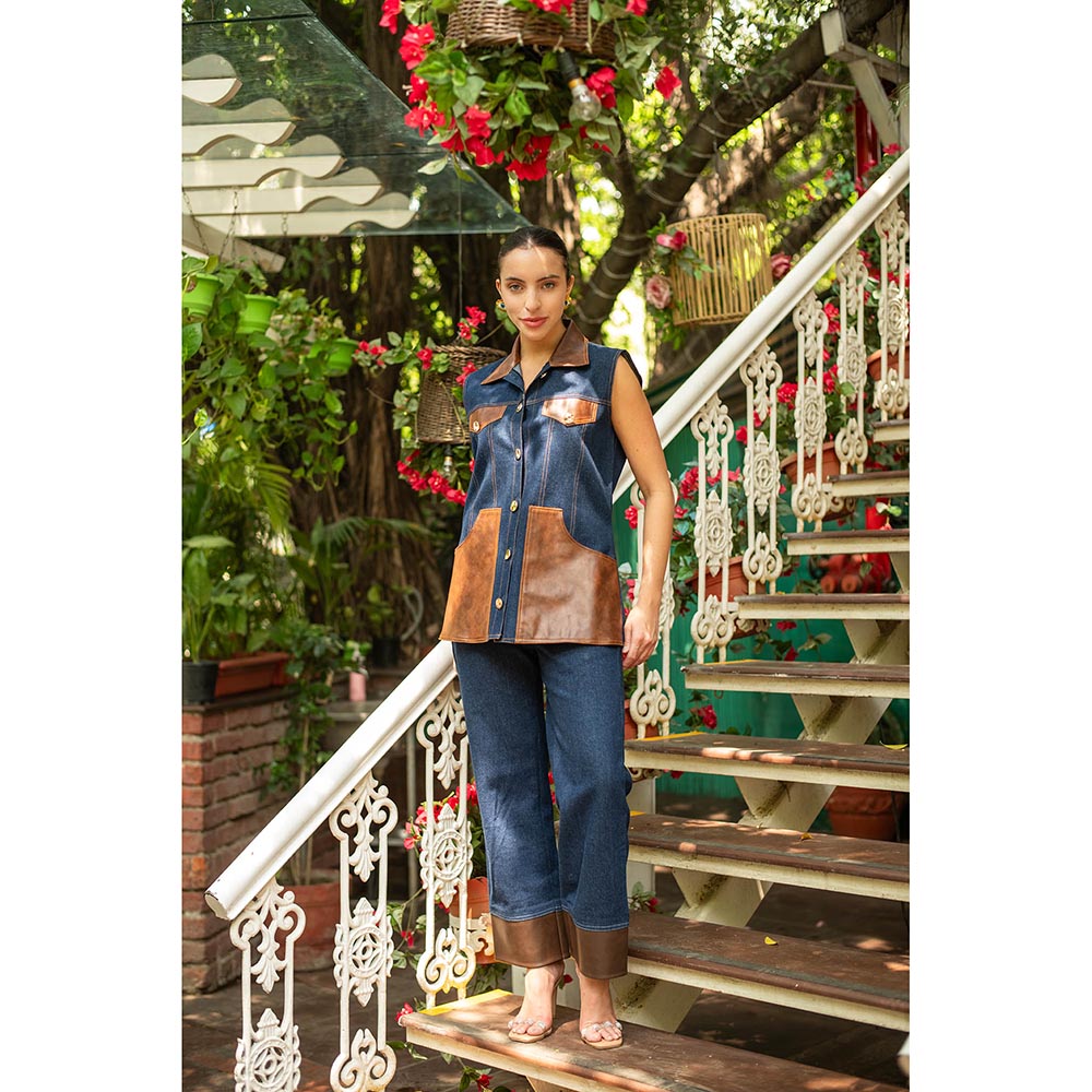 AKSH INDIA Lea Blue Leather Denim Co-Ord Set