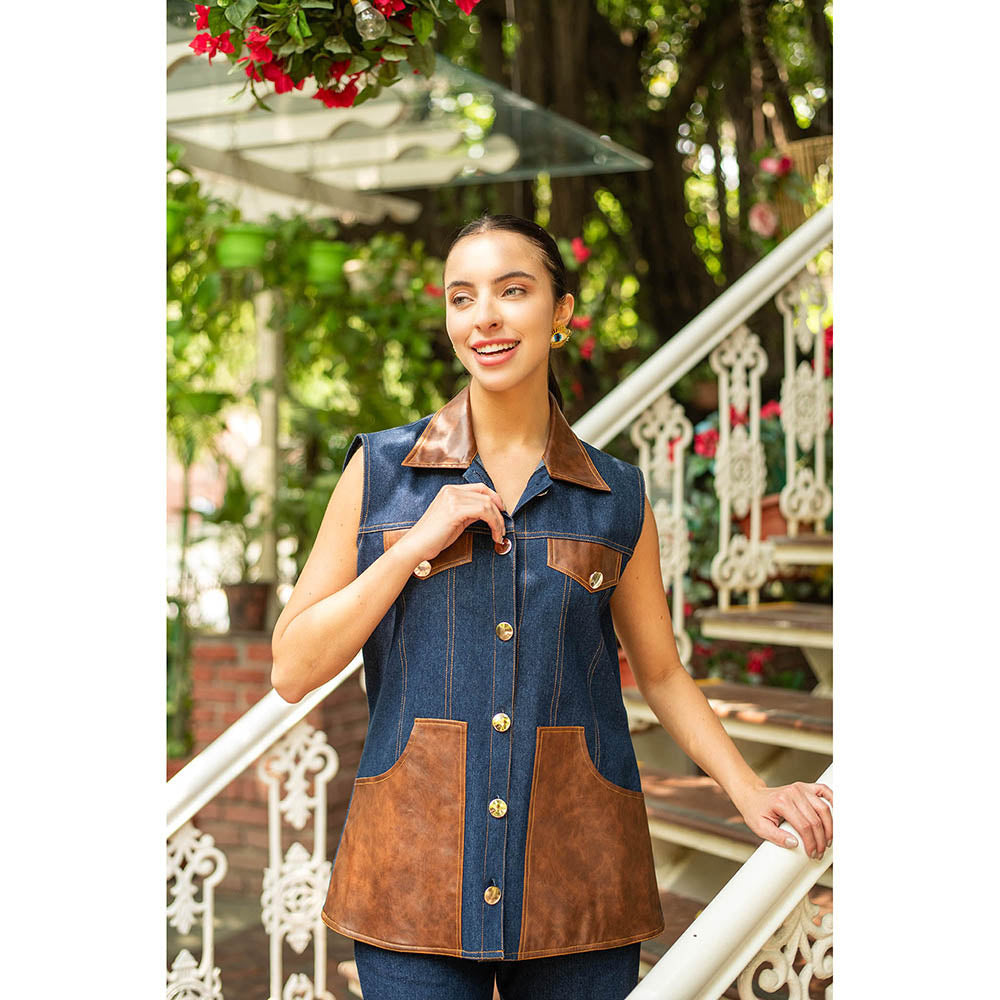 AKSH INDIA Lea Blue Leather Denim Co-Ord Set