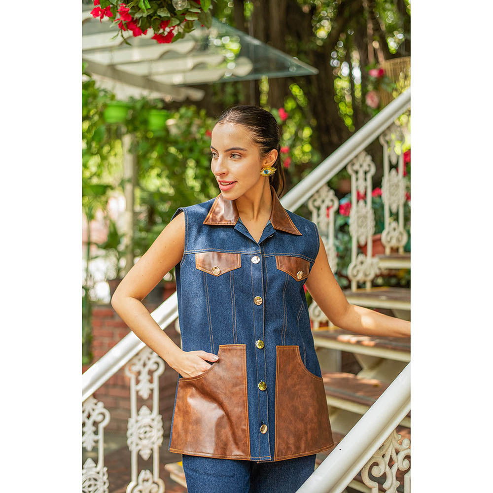 AKSH INDIA Lea Blue Leather Denim Co-Ord Set