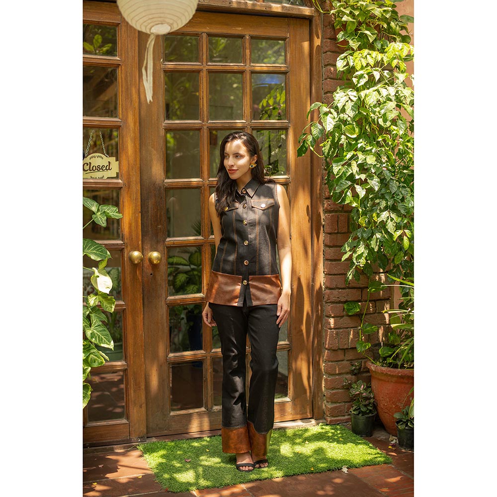 AKSH INDIA Veronica Black Leather and Denim Co-Ord Set