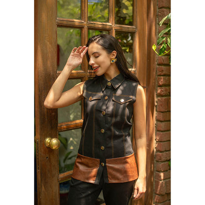 AKSH INDIA Veronica Black Leather and Denim Co-Ord Set