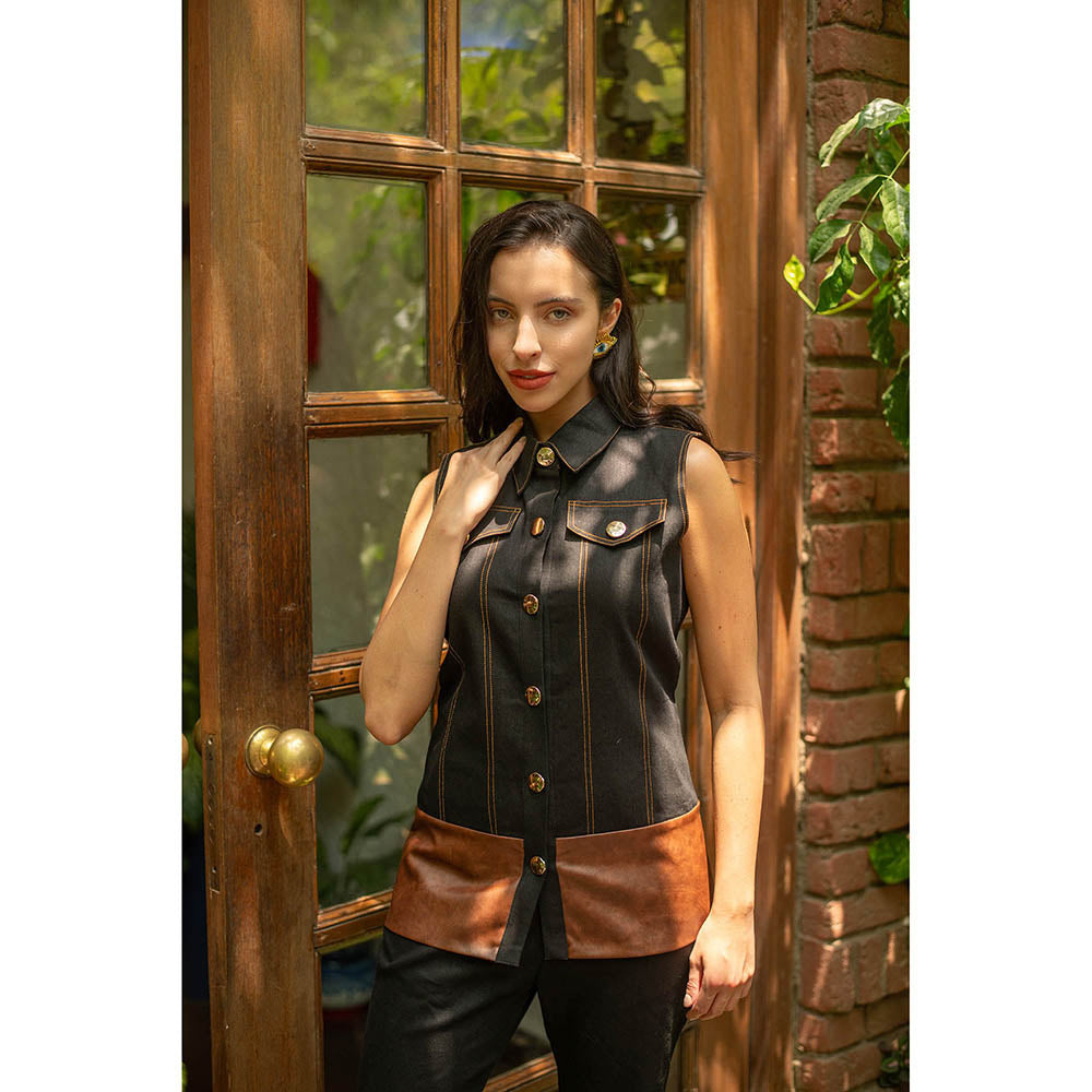 AKSH INDIA Veronica Black Leather and Denim Co-Ord Set