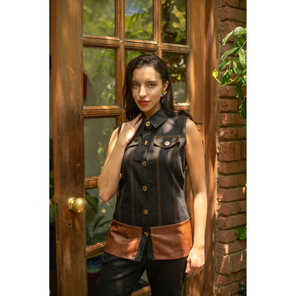 AKSH INDIA Veronica Black Leather and Denim Co-Ord Set
