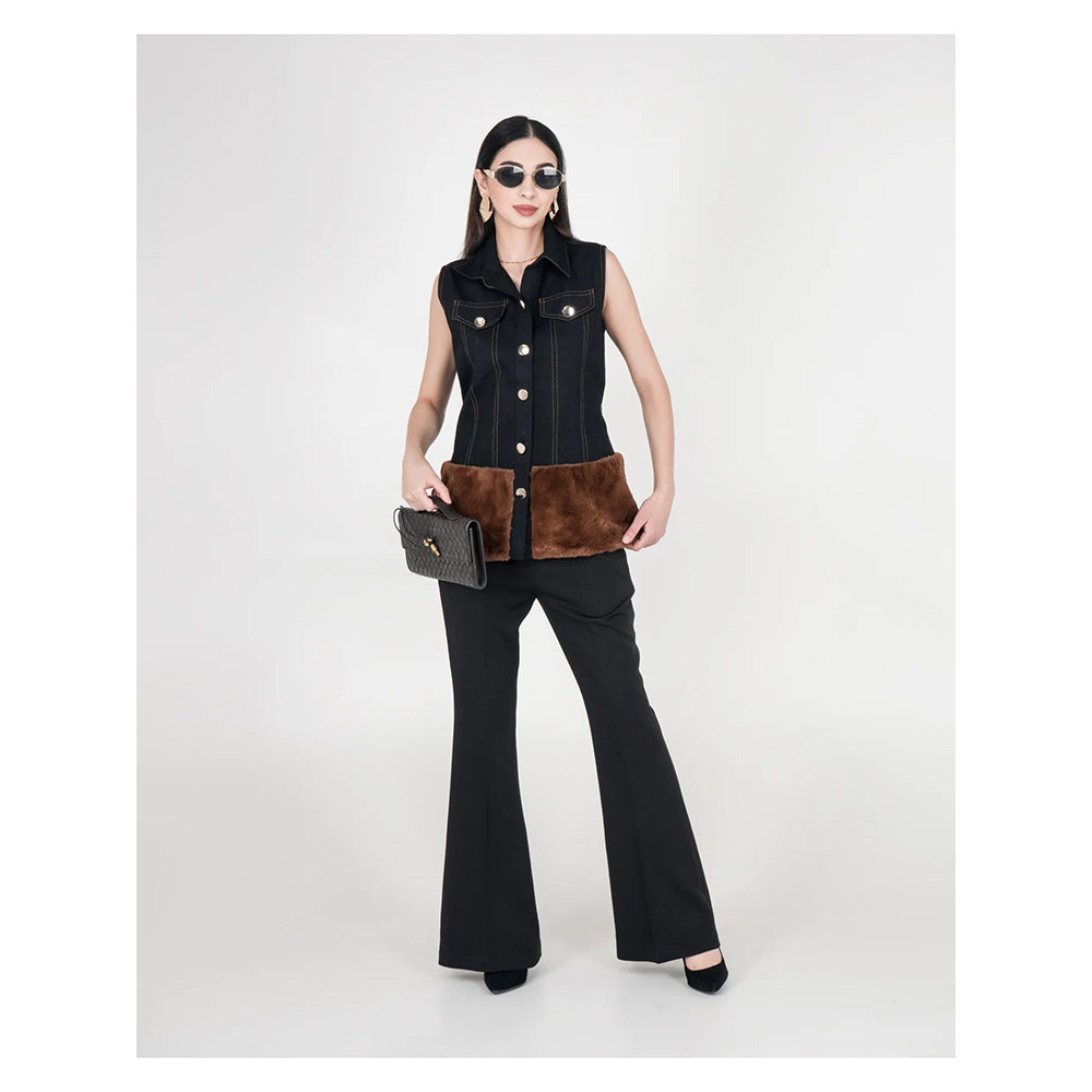 AKSH INDIA Black Fur Denim Co-Ord Set