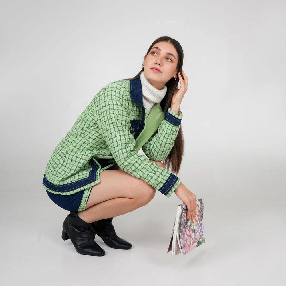 AKSH INDIA Liza Green Tweed Denim Co-Ord Set