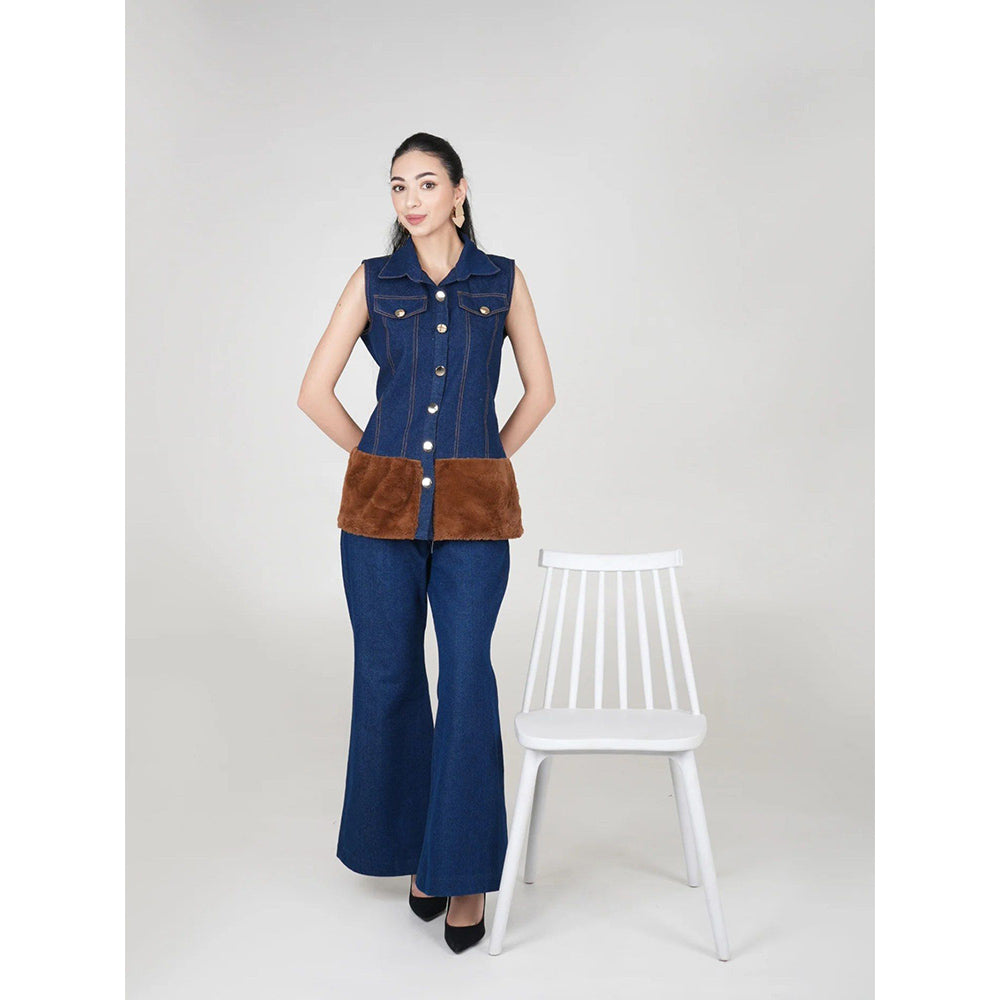 AKSH INDIA Ecru Fur Denim Blue Co-Ord Set