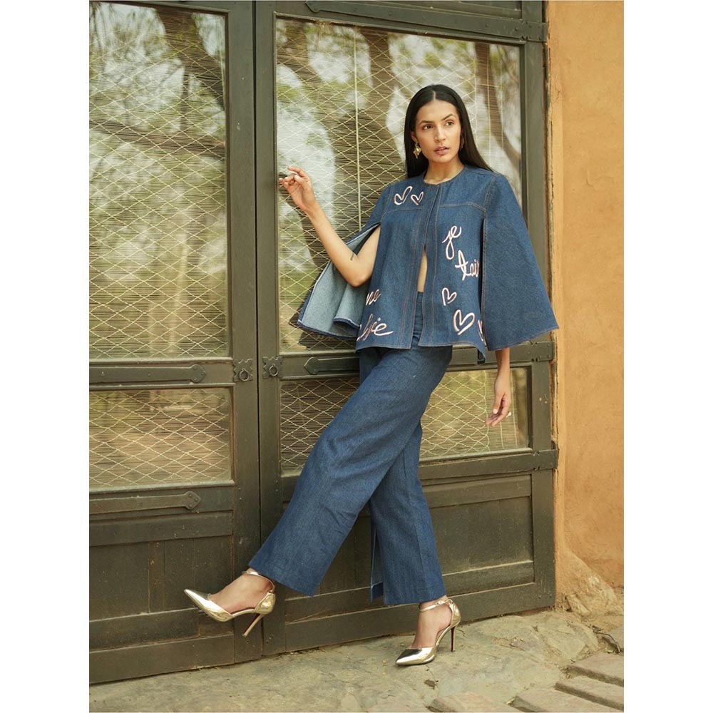 AKSH INDIA Take Me To Paris Blue Embroidered Bell Co-Ord Set