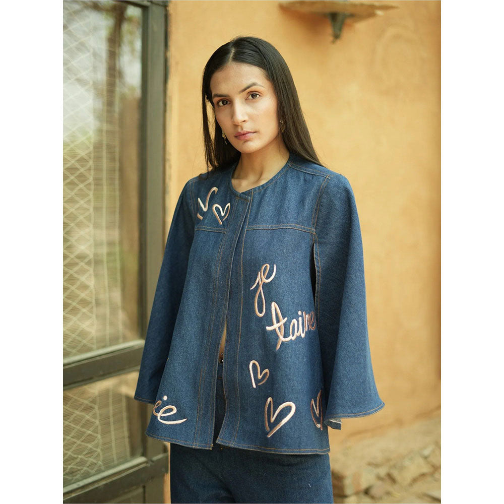 AKSH INDIA Take Me To Paris Blue Embroidered Bell Co-Ord Set