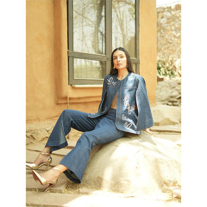 AKSH INDIA Take Me To Paris Blue Embroidered Bell Co-Ord Set