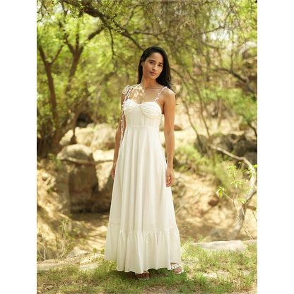 AKSH INDIA Pixie White Maxi Dress with Jute Detailing