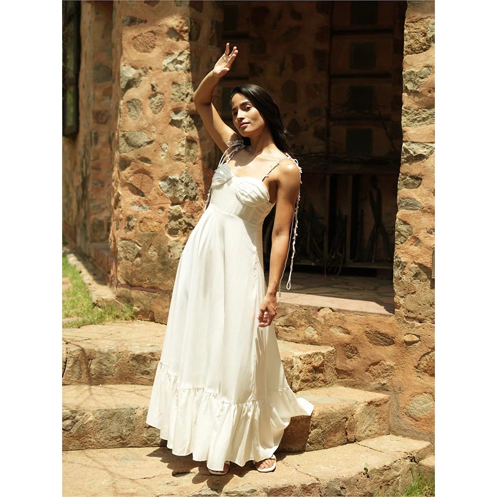 AKSH INDIA Pixie White Maxi Dress with Jute Detailing